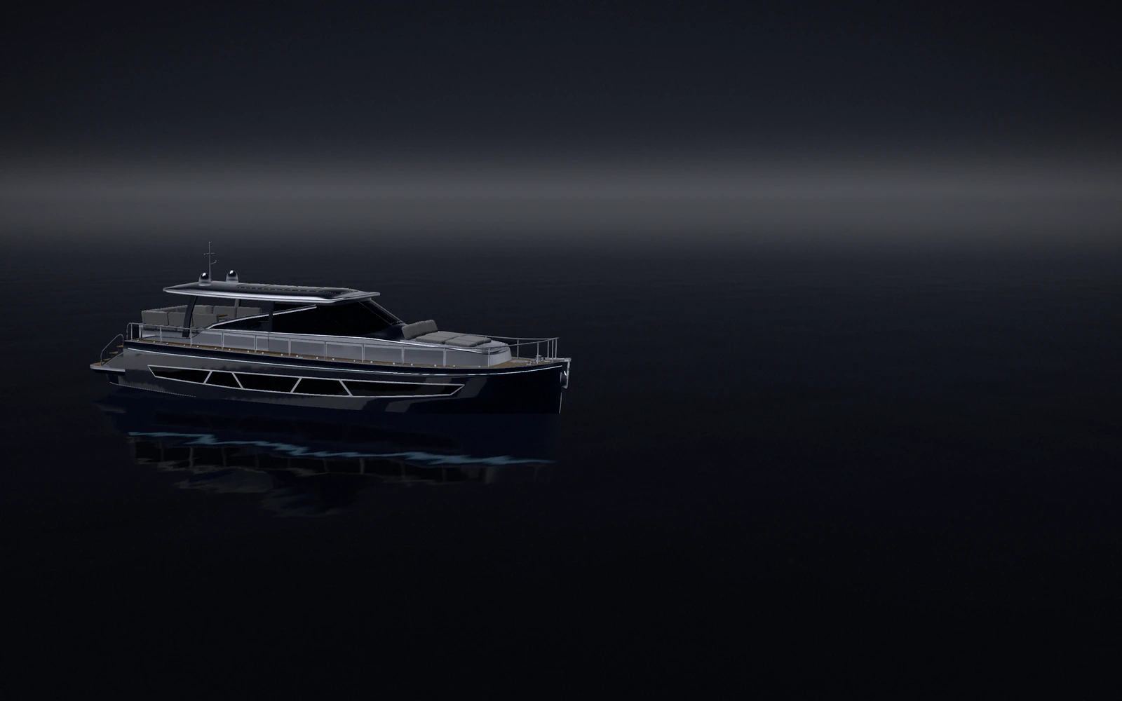The front page: a motor yacht at dusk, on dark water.