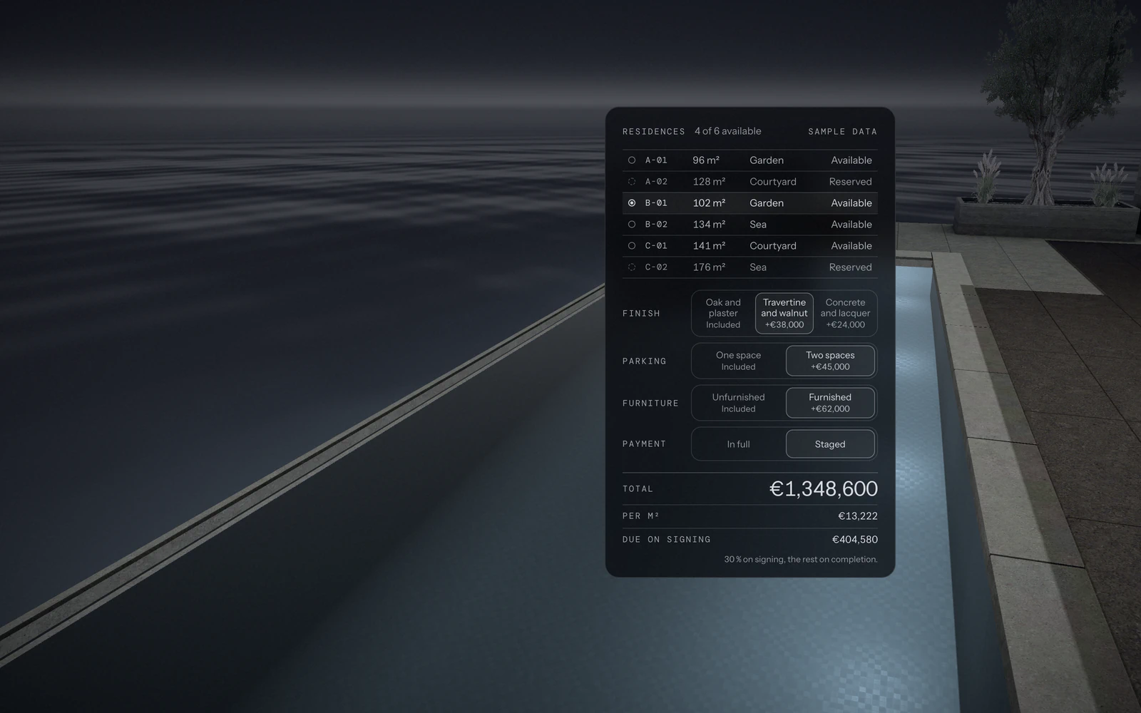 A calculator: the terrace, with a residence's options and its total.
