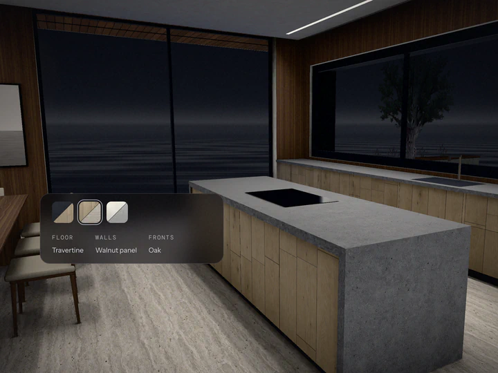 A configurator: the kitchen in travertine, walnut panel and oak, with its three finishes.