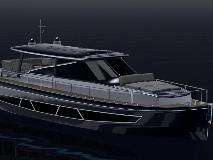 The deck from the bow: the sun pads on the foredeck, the windscreen and the hardtop.