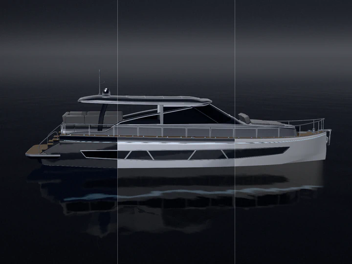 The motor yacht in profile at dusk, its hull in three finishes: graphite at the stern, silver amidships, gallery white at the bow.